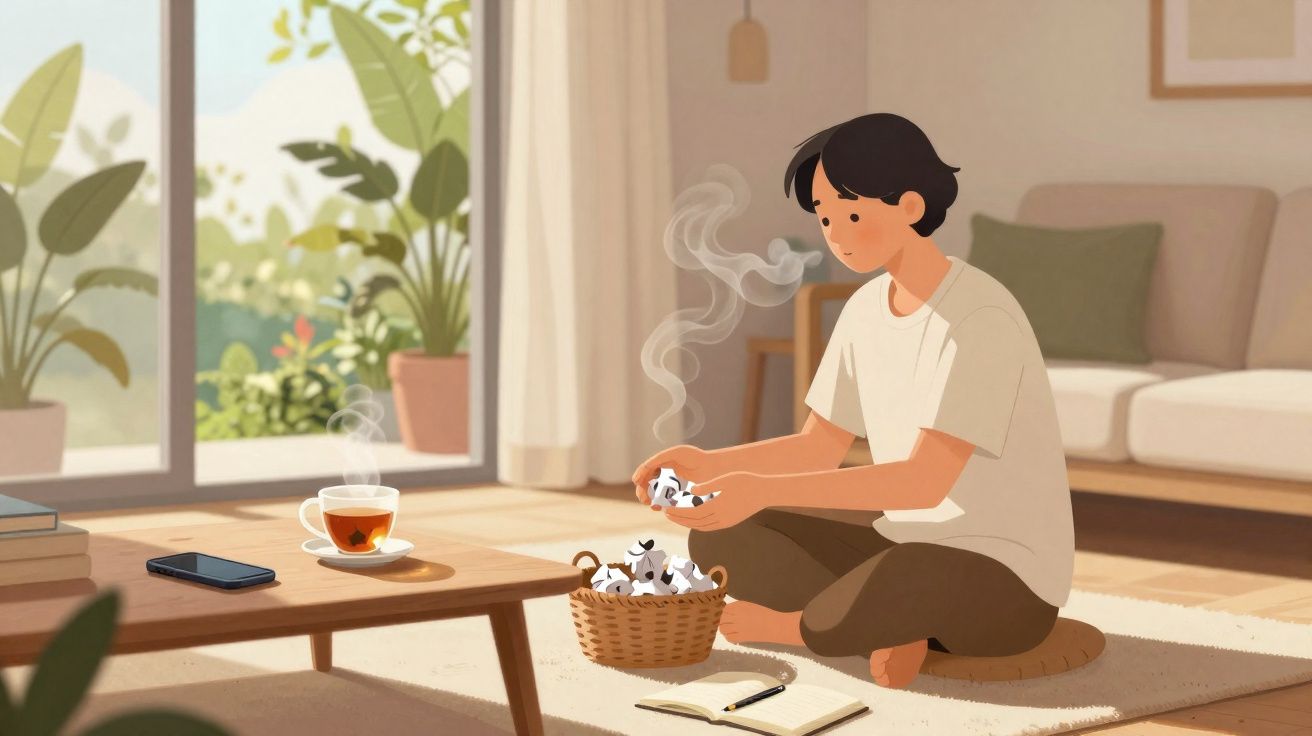 Pessoa sentada no chão a queimar papel numa cesta numa sala com chá, sofá e plantas.