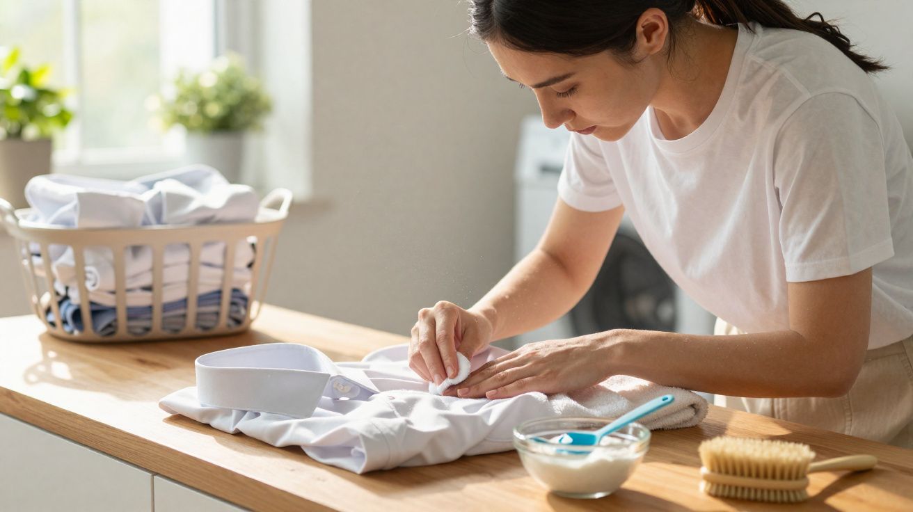 Mulher removendo manchas de roupa branca num braço de uma mesa com produtos de limpeza.