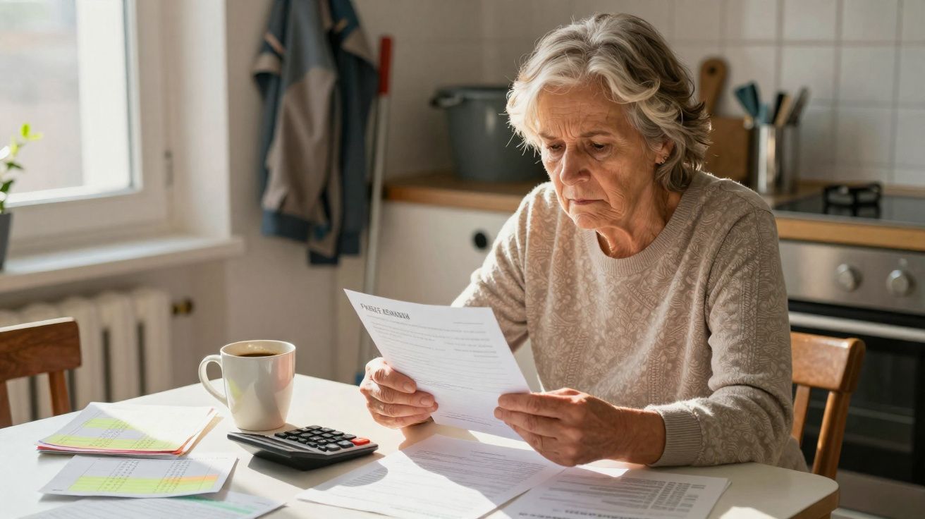 Mulher idosa preocupada a analisar documentos na cozinha com calculadora e chá sobre a mesa.