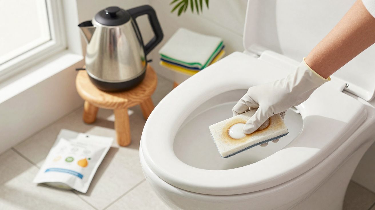Pessoa a limpar sanitário branco com esponja e luva branca numa casa de banho iluminada.