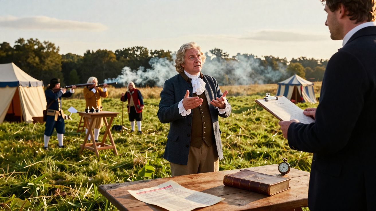 Cena histórica ao ar livre com homens vestidos de época, armas antigas e tendas num campo aberto.