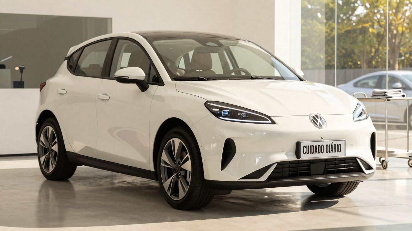 Carro elétrico branco Volkswagen em exposição num espaço interior moderno e iluminado.