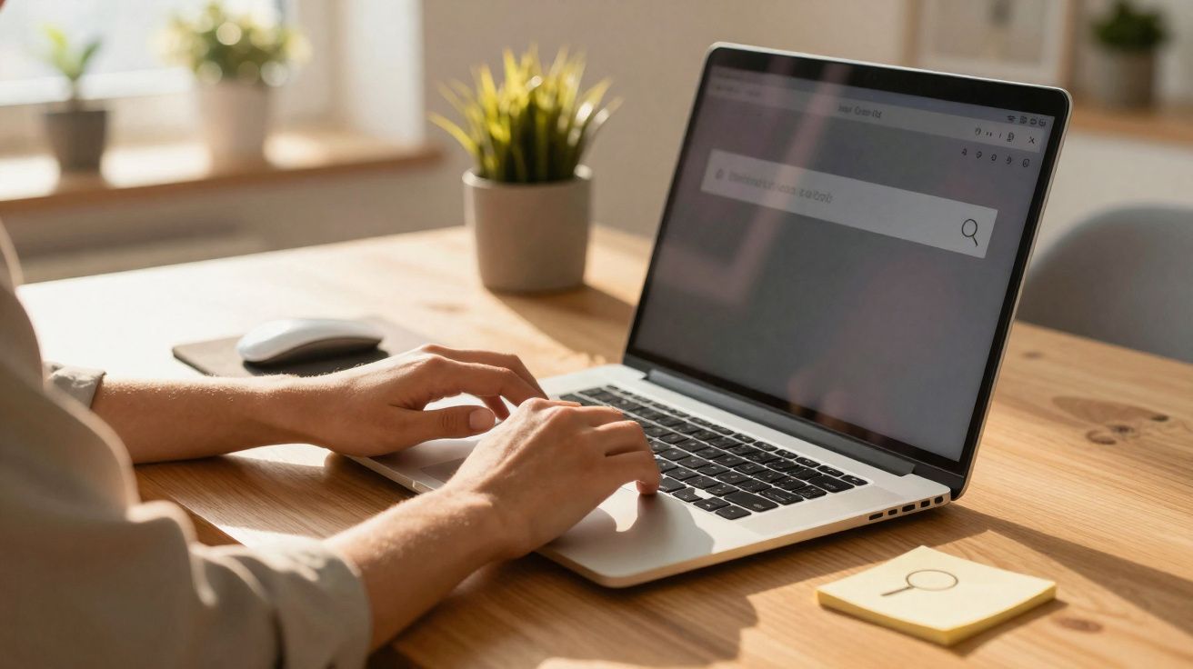 Pessoa a usar computador portátil numa mesa de madeira com planta e rato ao fundo.