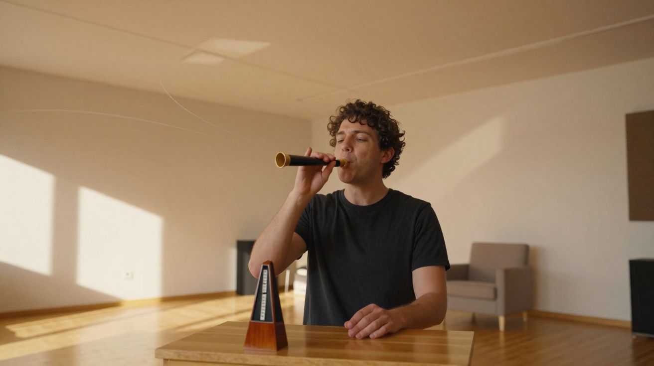 Homem a soprar em um instrumento musical próximo a um metrónomo numa sala iluminada.