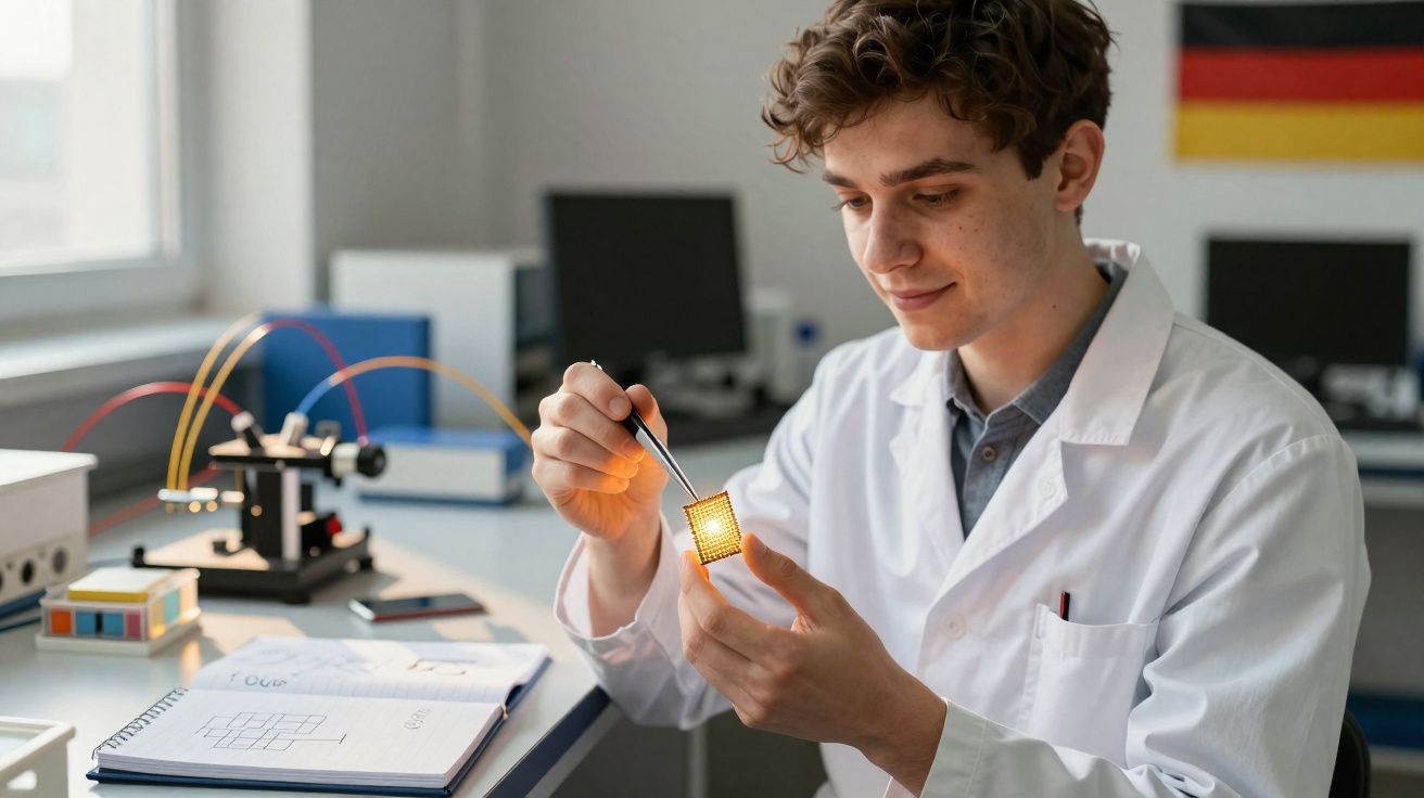 Jovem cientista em bata branca a analisar um chip eletrónico num laboratório tecnológico.