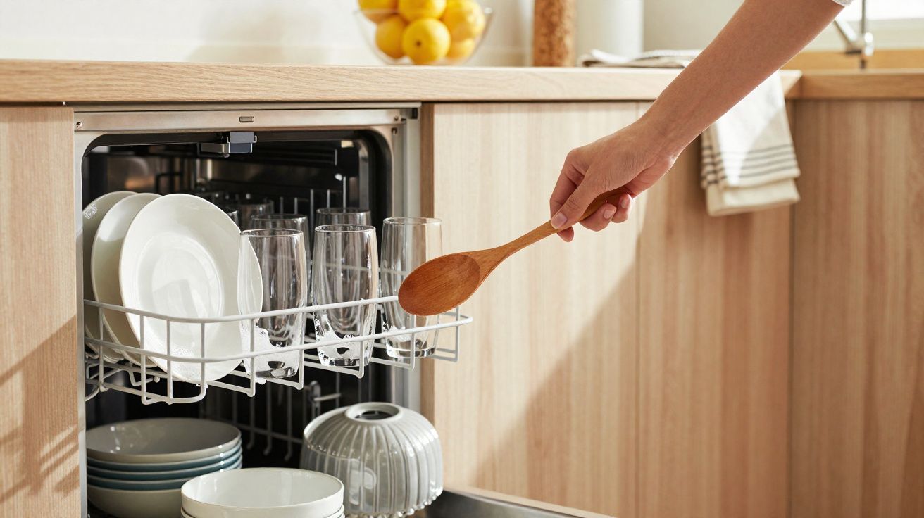 Pessoa a carregar uma máquina de lavar loiça com pratos, copos e uma colher de pau numa cozinha moderna.