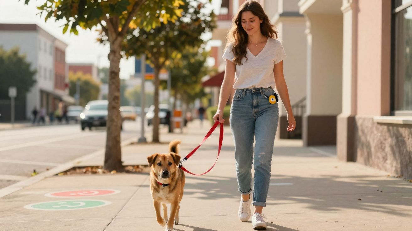 Mulher jovem a passear com cão de porte médio na trela numa rua urbana soalheira.