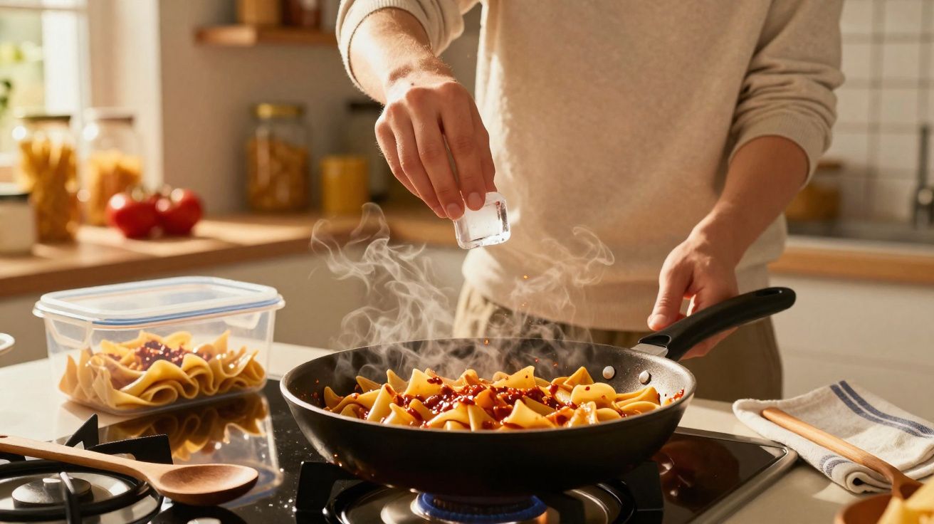 Pessoa a temperar massa a cozinhar numa frigideira ao fogão numa cozinha moderna.