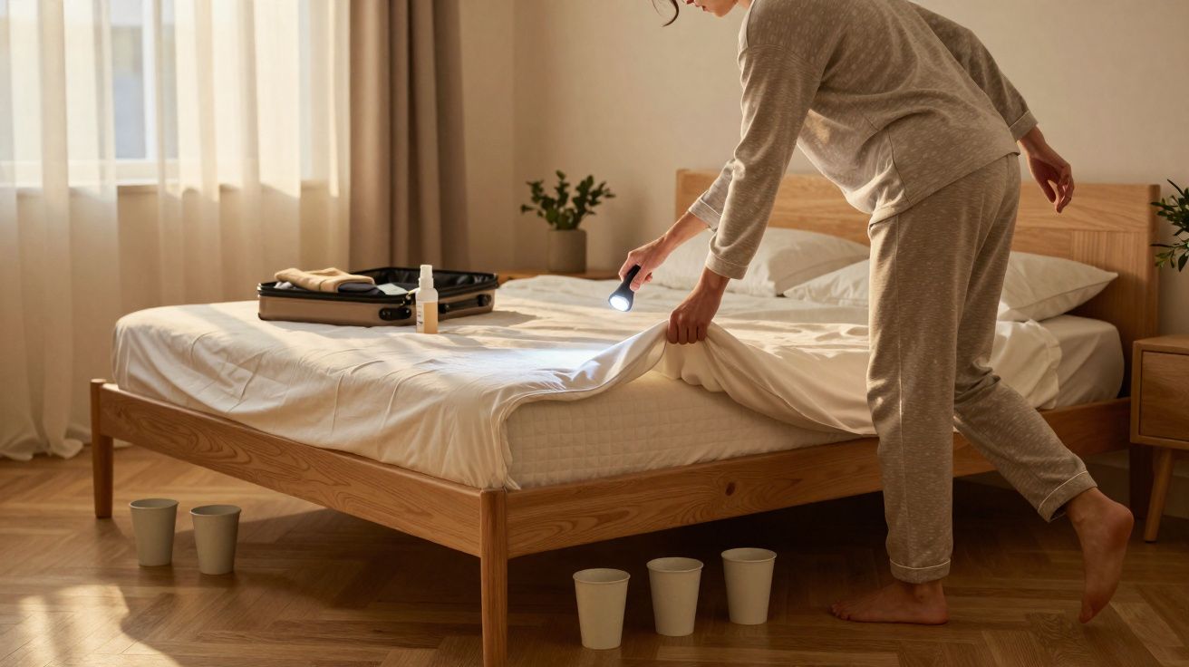 Pessoa em pijama verifica cama com lanterna, com vários copos colocados por baixo do colchão.