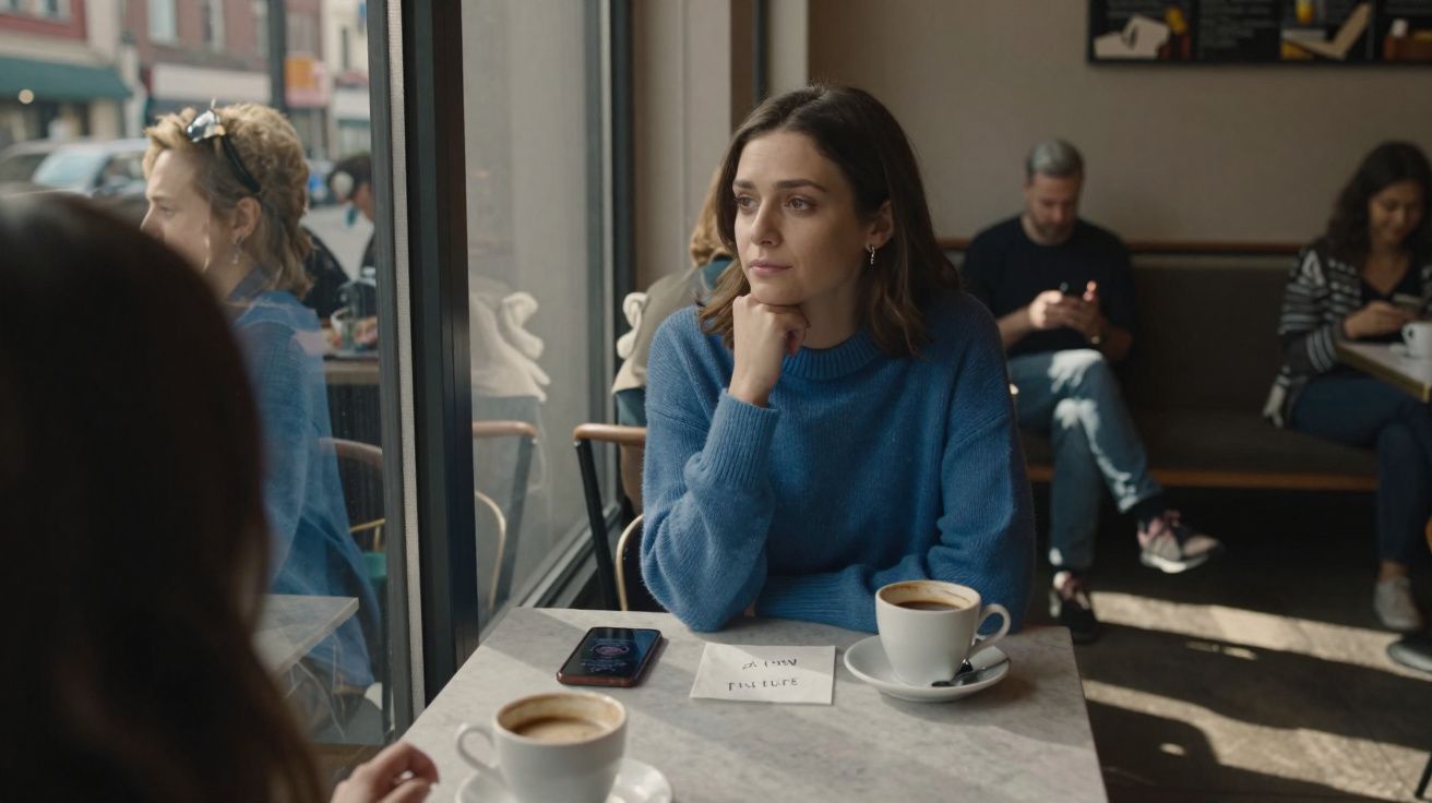 Mulher de camisola azul sentada à mesa de café, olhando pela janela com expressão pensativa.