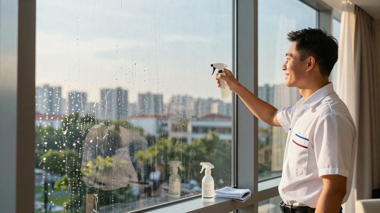 Homem a limpar uma grande janela com pulverizador, com vista para edifícios urbanos e luz natural.