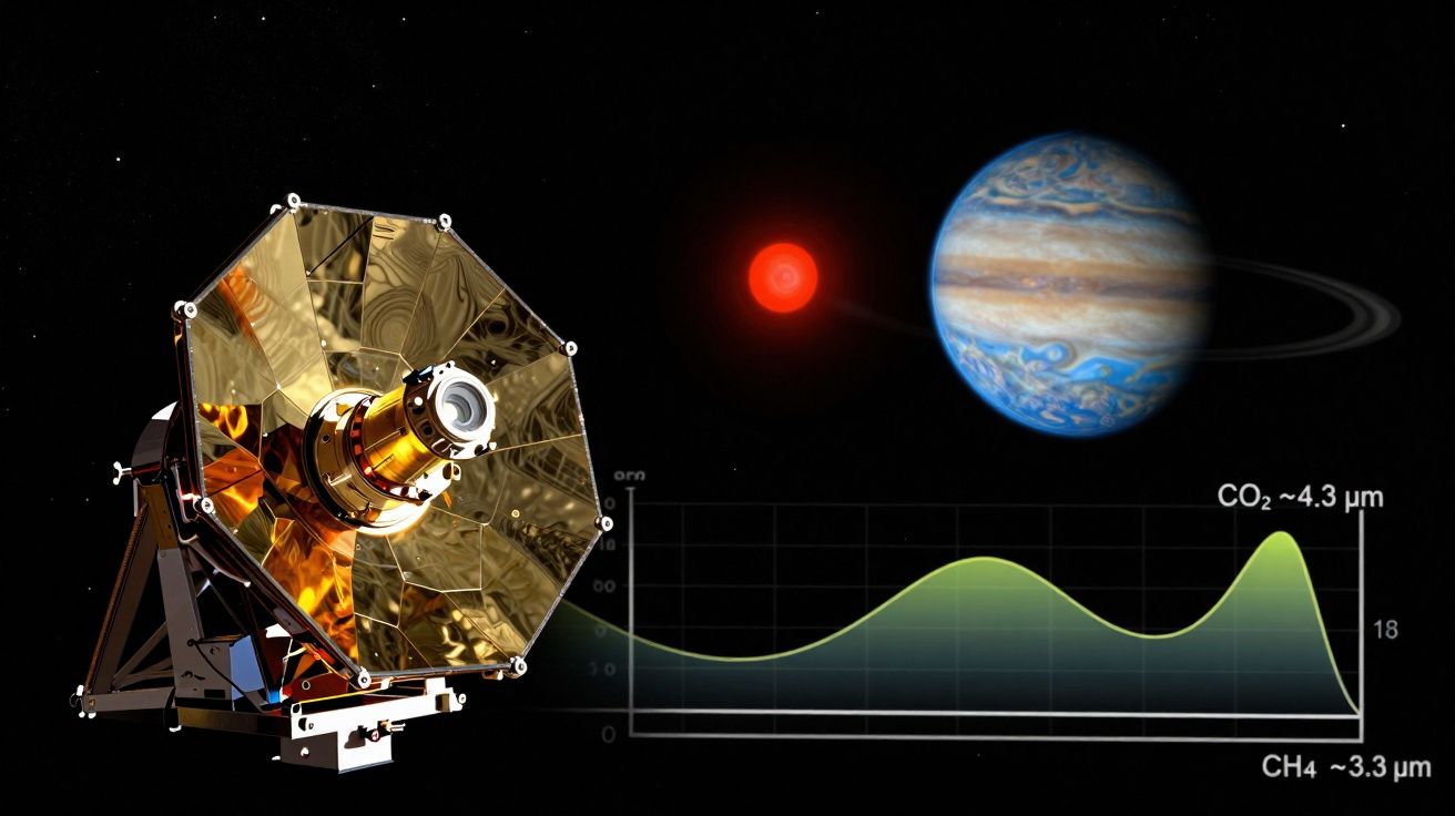 Ilustração do telescópio espacial James Webb a analisar espectros de gás em exoplaneta próximo a estrela vermelha e Júpiter.