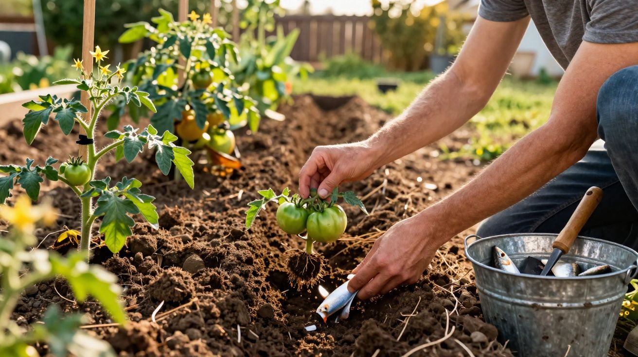 Pessoa a plantar tomateiros num jardim ensolarado, junto a um balde metálico com peixes.