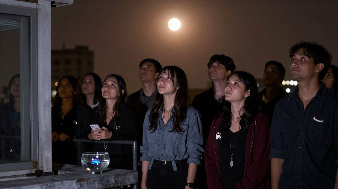 Grupo de pessoas em ambiente exterior a olhar para uma luz brilhante na noite.