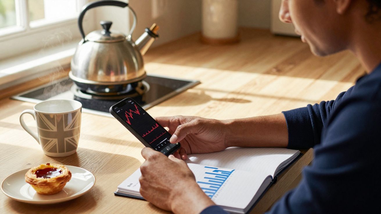 Pessoa a analisar gráficos financeiros no telemóvel, com chávena de chá e pastel numa mesa de cozinha.