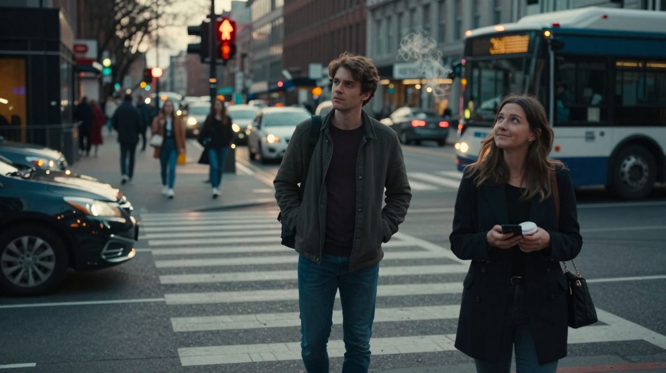 Dois jovens cruzam uma passadeira numa rua movimentada ao pôr do sol, com tráfego e autocarro ao fundo.