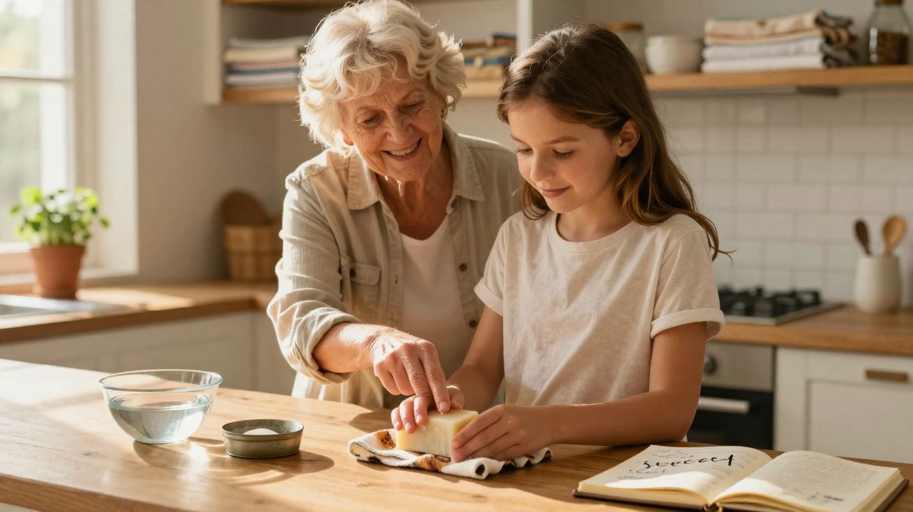 Avó e neta na cozinha a preparar comida juntas com um livro de receitas aberto na bancada.