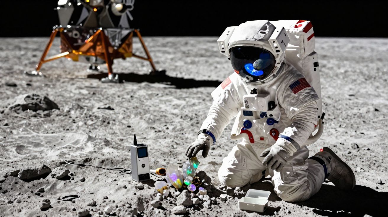 Astronauta em traje espacial recolhe pedras coloridas na superfície lunar, com módulo lunar ao fundo.