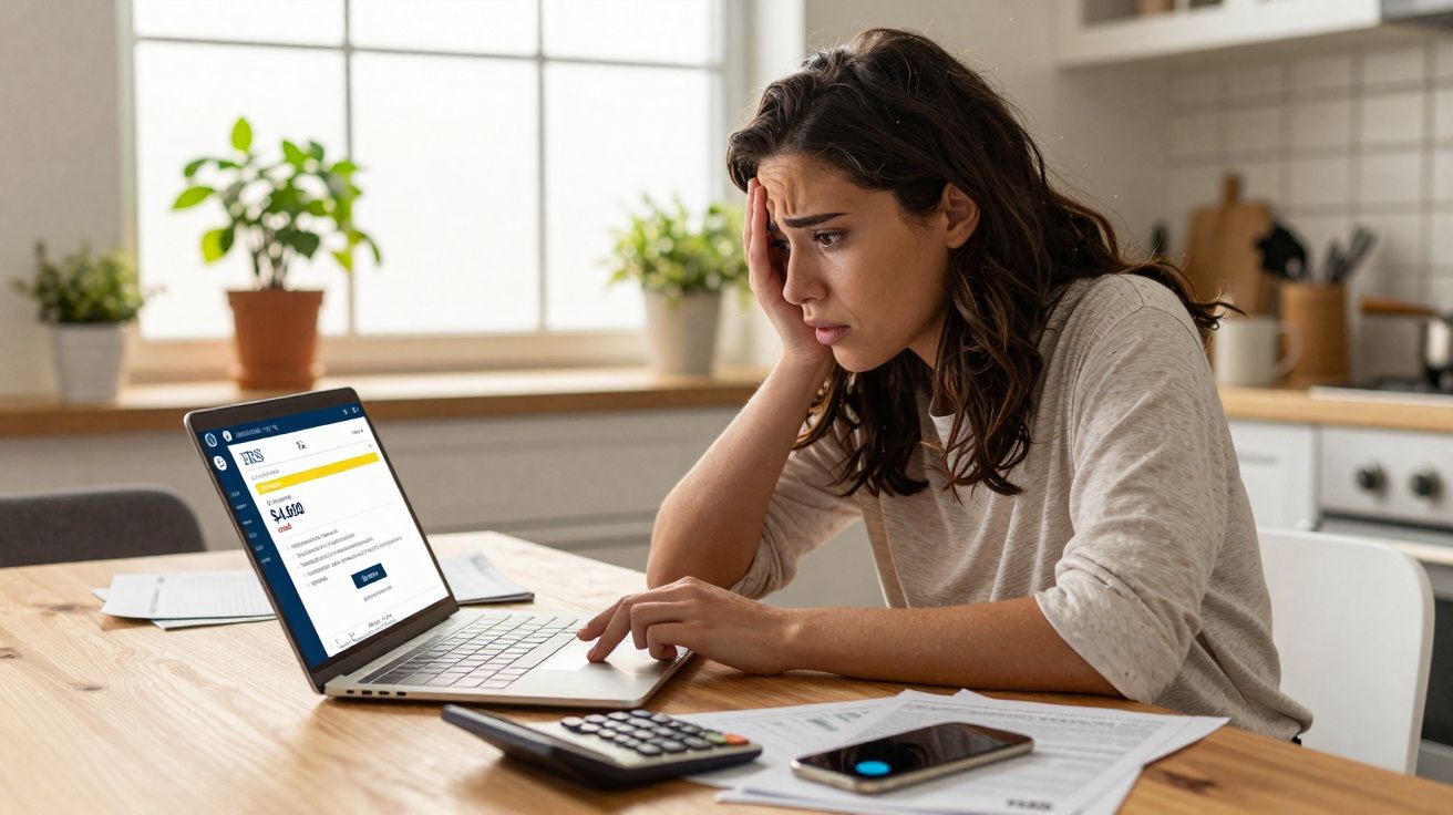 Mulher preocupada a consultar extrato bancário no portátil, com calculadora e smartphone em cima da mesa.