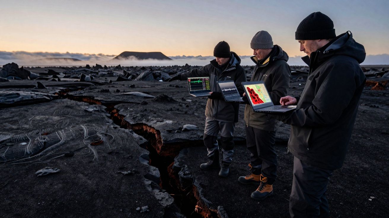 Três homens em roupa de inverno analisam dados em portáteis junto a uma fissura num terreno vulcânico escuro ao amanhecer.