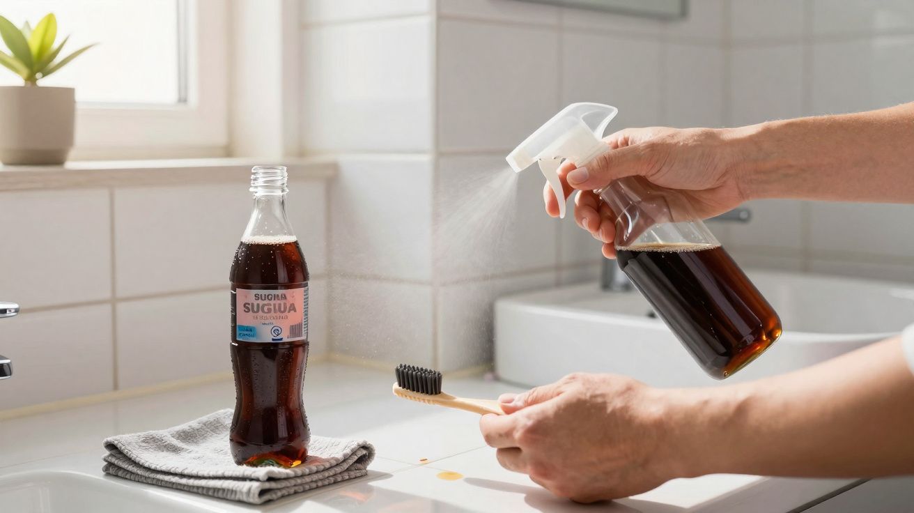 Mãos a pulverizar líquido escuro numa escova de dentes de bambu numa casa de banho com garrafa e toalha.