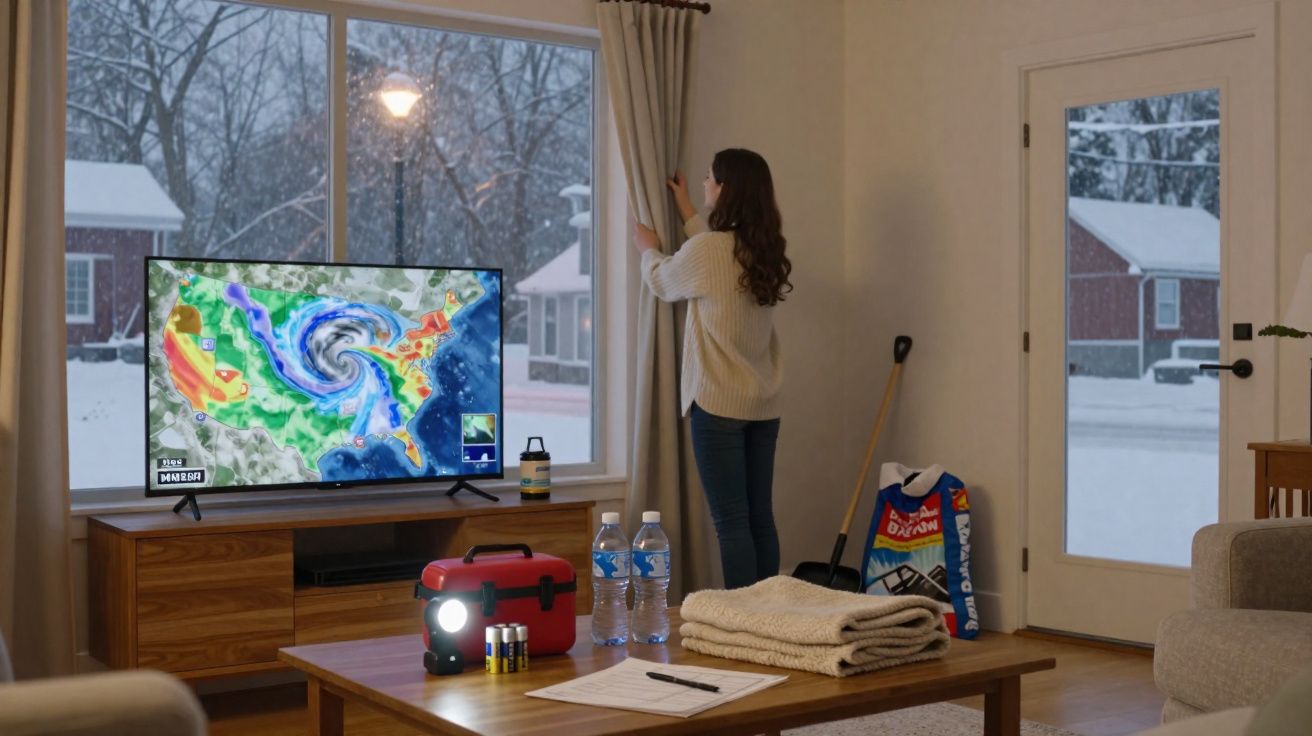 Mulher a fechar cortinas durante neve, TV mostra mapa de furacão, mesa com lanterna, água e mantas.