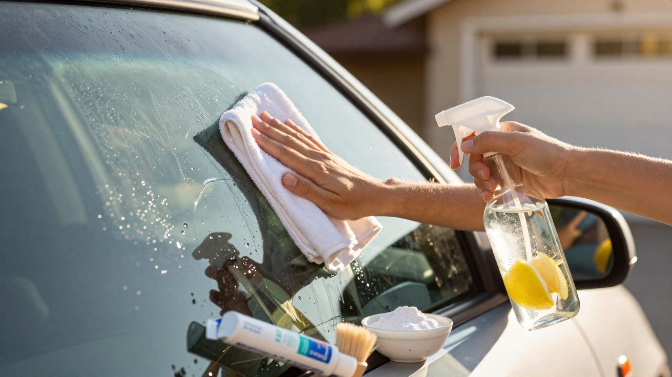 Pessoa a limpar o vidro de um carro com um pano branco e spray com limão.