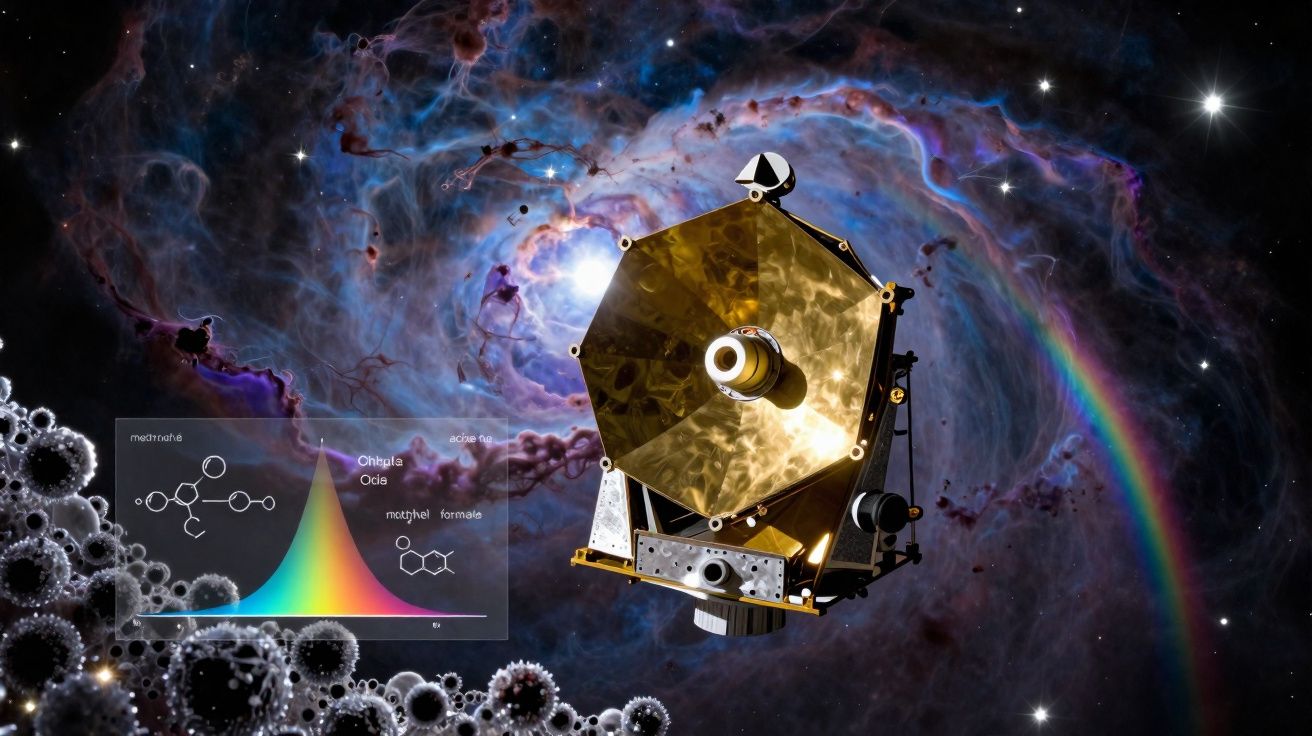 Sonda espacial dourada no espaço com uma nebulosa colorida, gráfico químico e arco-íris ao fundo.