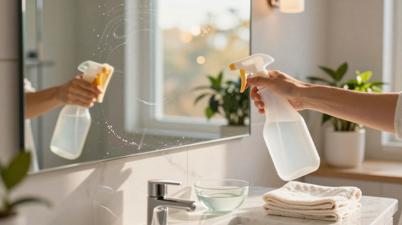 Mão a borrifar produto de limpeza num espelho num banheiro com toalhas e plantas ao fundo.