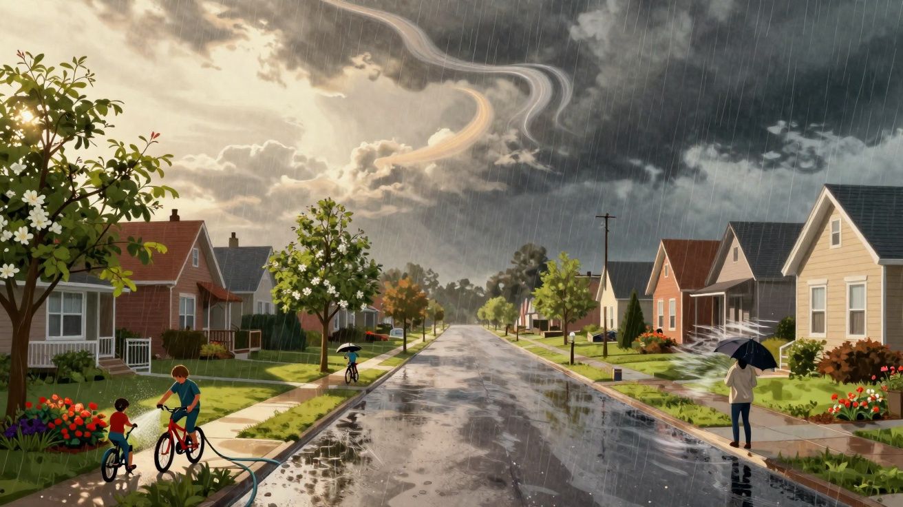 Rua residencial sob chuva forte com pessoas, árvores floridas e casas de vários estilos.