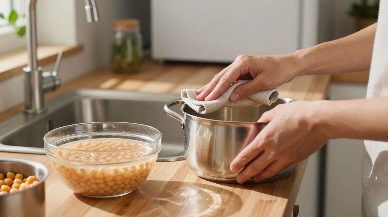 Mãos a limpar uma panela de inox na cozinha, ao lado de um recipiente com feijão branco de molho.