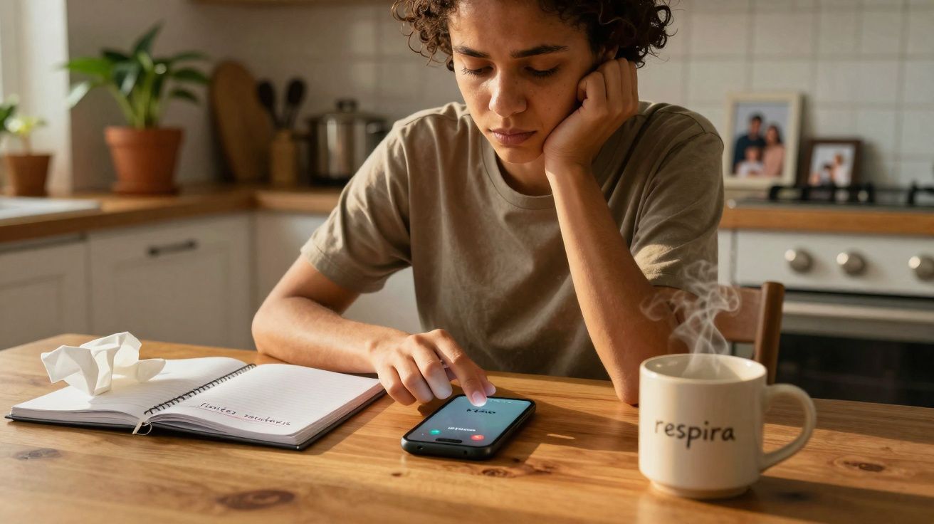 Pessoa preocupada a atender chamada no telemóvel com caderno aberto e chá quente numa caneca com a palavra "respira".