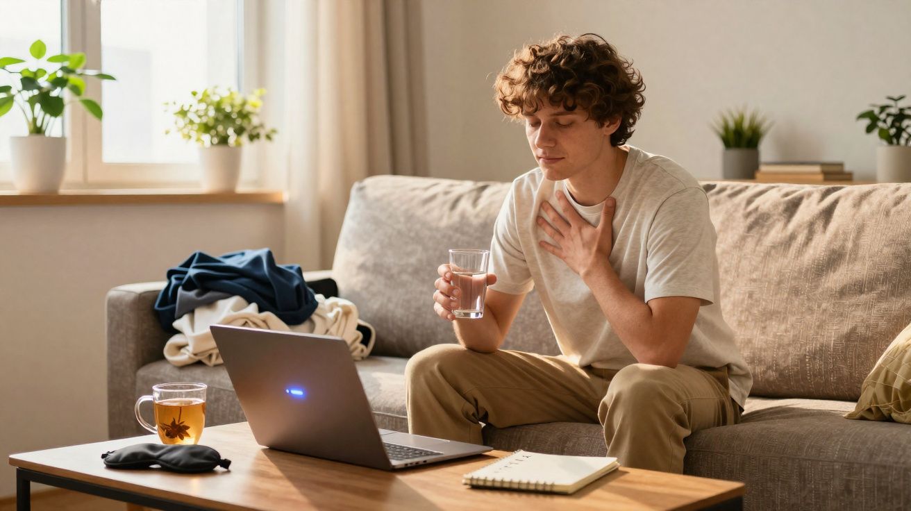 Jovem sentado no sofá, com dor no peito, segurando um copo de água e olhando para portátil numa sala iluminada.