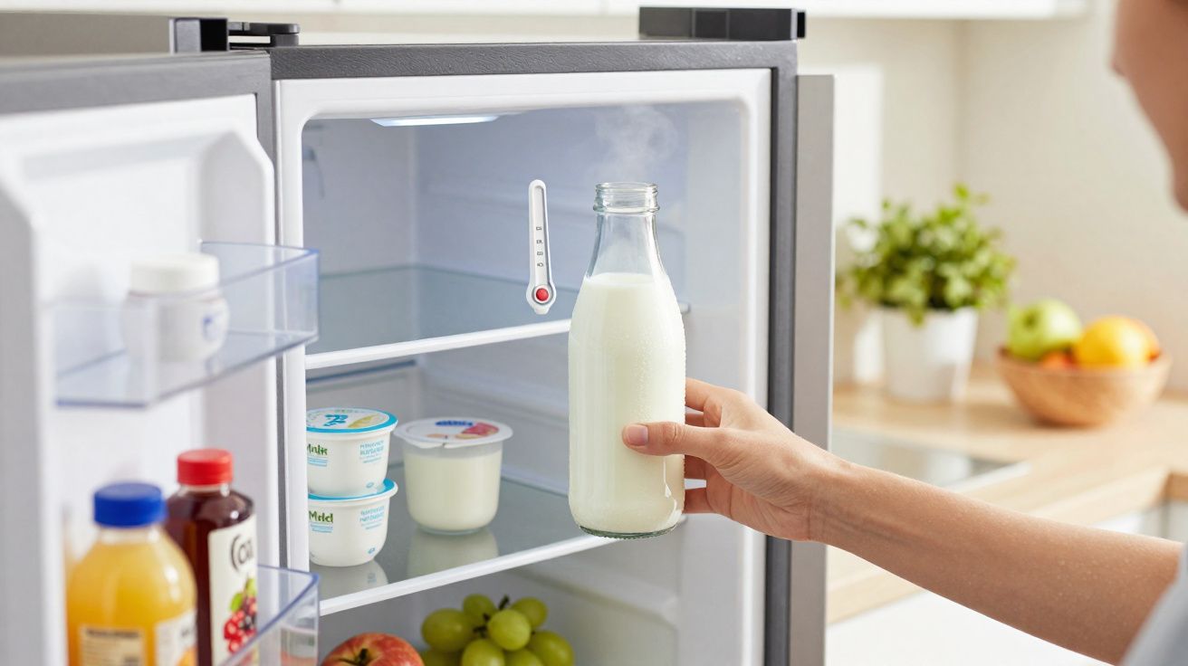 Mão a retirar garrafa de leite de frigorífico com iogurtes, frutos e bebidas no interior.