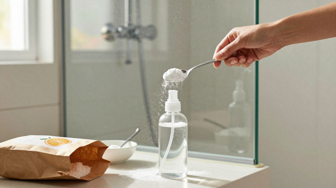 Mão a colocar bicarbonato de sódio com colher em garrafa spray transparente na casa de banho.