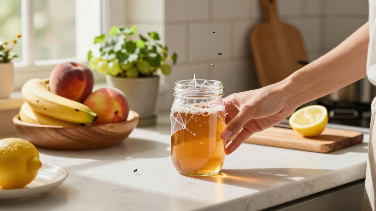 Mão a segurar um copo de chá numa cozinha ensolarada com frutas frescas e uma planta ao fundo.