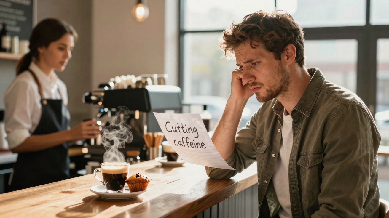 Homem preocupado a ler papel com "Cutting caffeine" numa cafetaria, café e pastel à frente.
