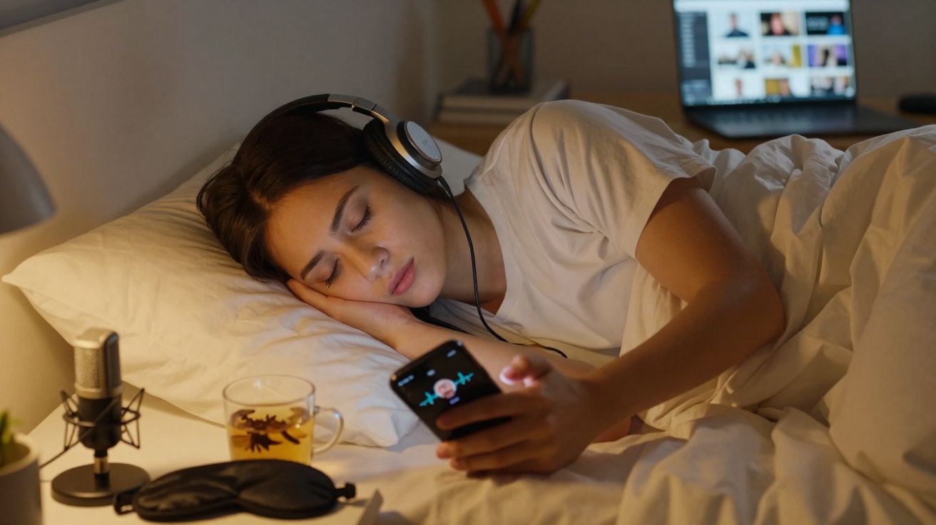 Mulher deitada na cama a ouvir música com auscultadores e a segurar um smartphone à noite.