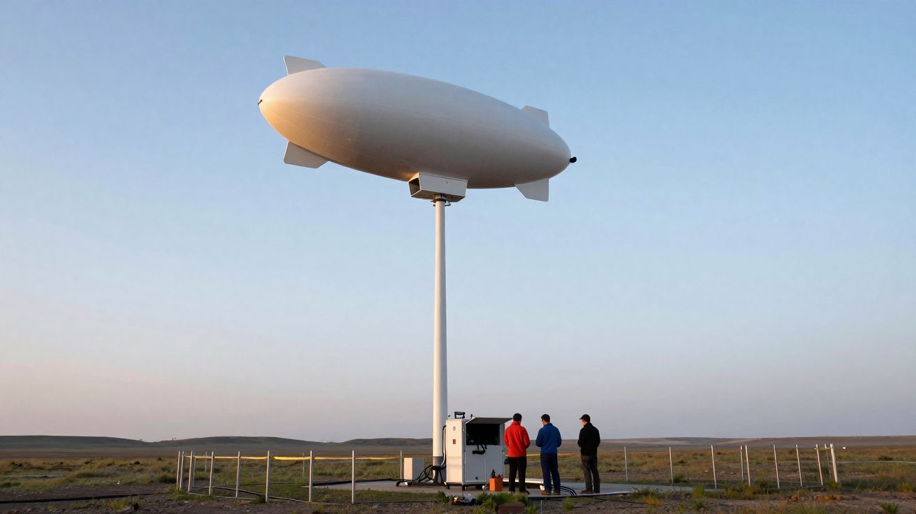 Três pessoas observam balão atmosférico suspenso em estrutura metálica ao pôr do sol, em área aberta e cercada.