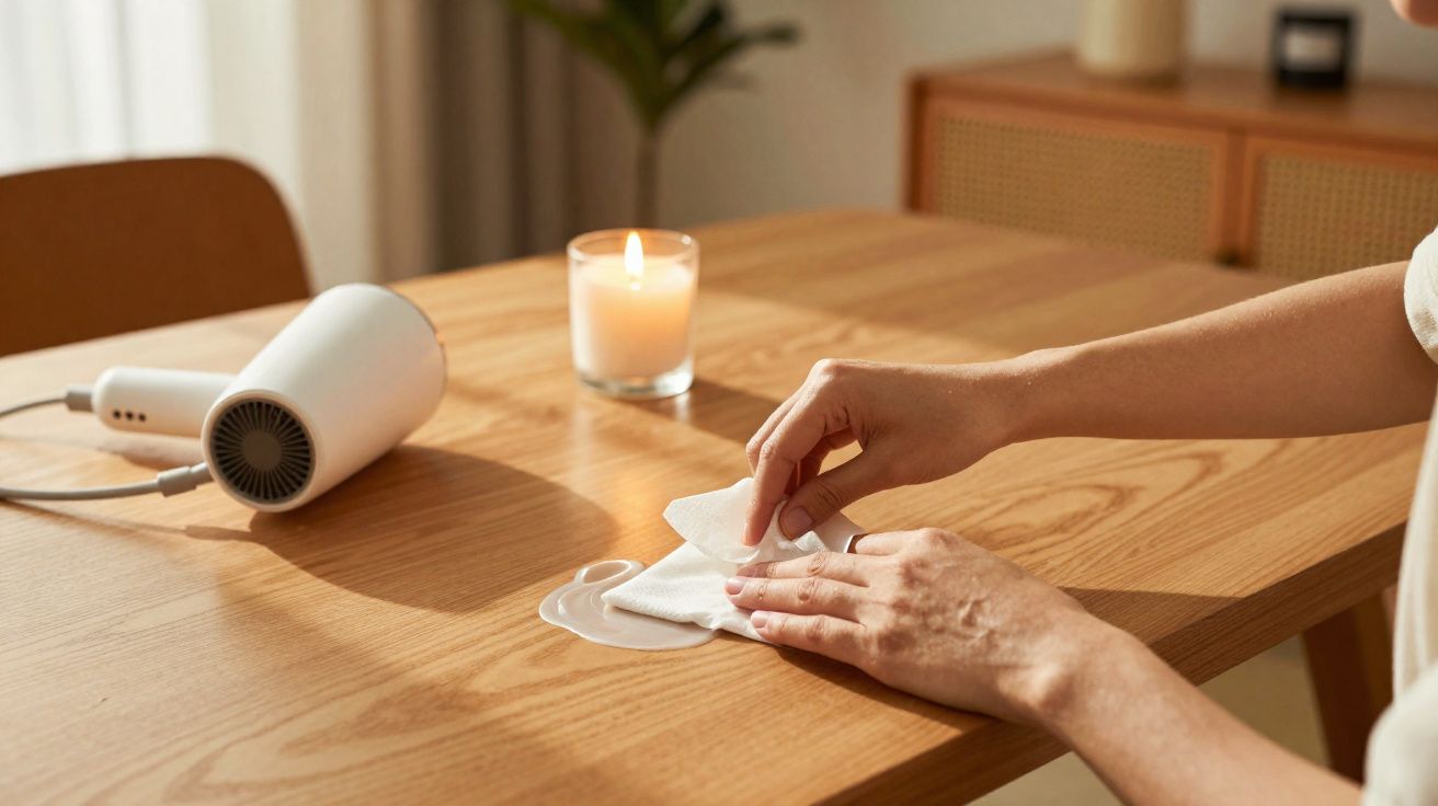 Pessoa a limpar derrame de líquido numa mesa de madeira com pano, secador e vela acesa ao fundo.