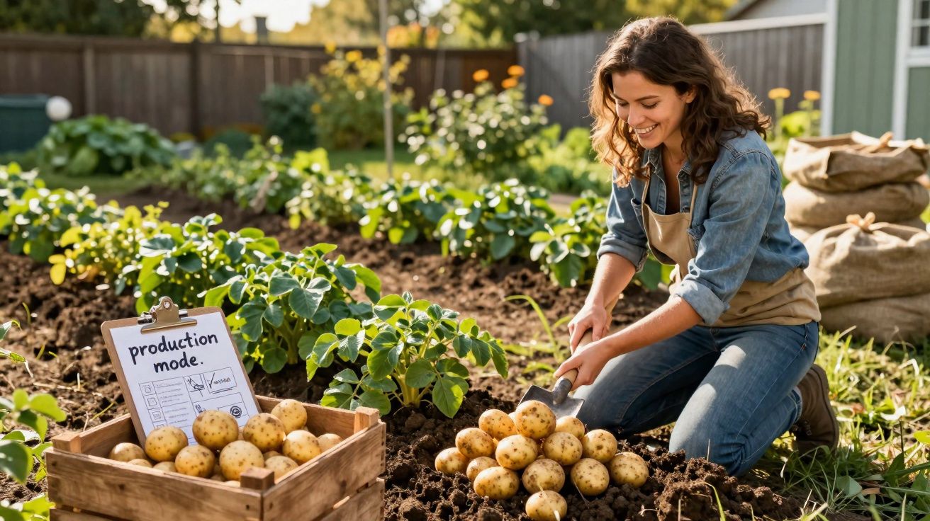 Mulher colhendo batatas num campo com caixa de madeira cheia de batatas e prancheta ao lado.