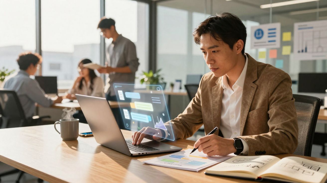 Homem a trabalhar num escritório moderno com computador portátil e gráficos digitais, colegas ao fundo em reunião.