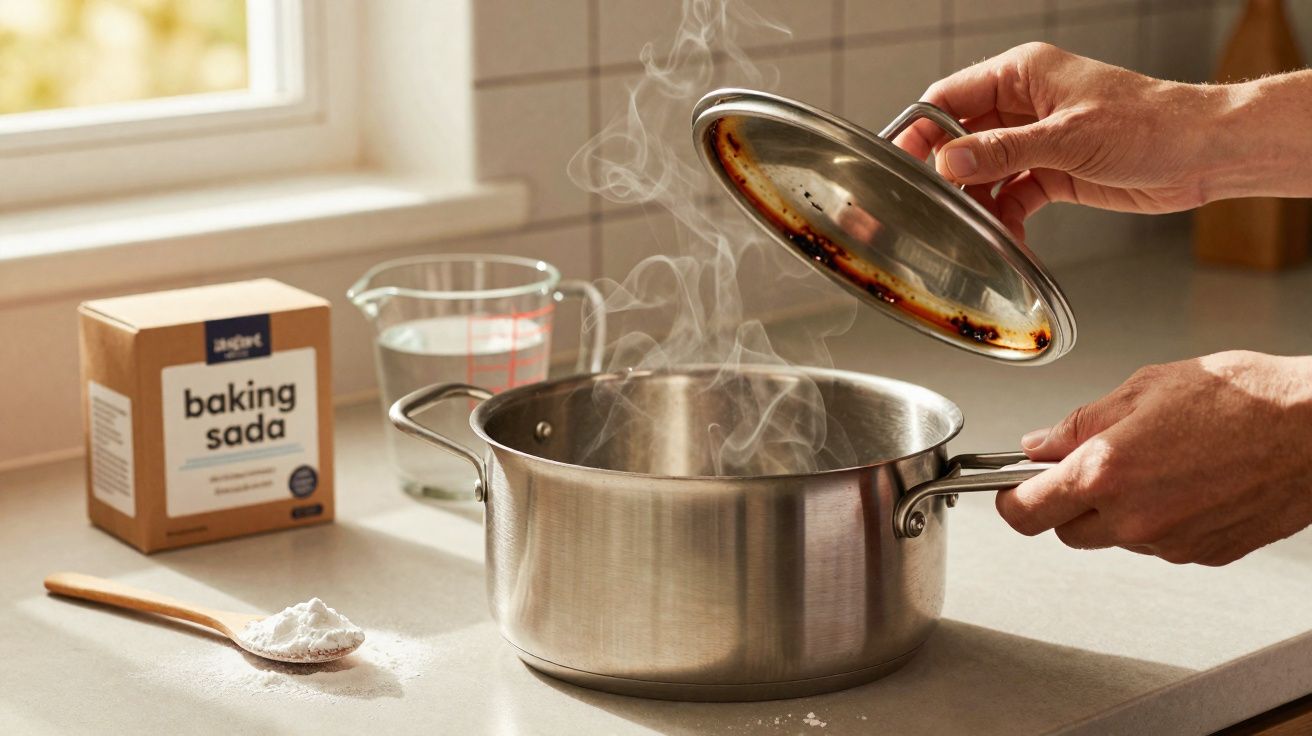 Mãos a levantar tampa de panela a ferver com vapor, com bicarbonato de sódio e colher na bancada.