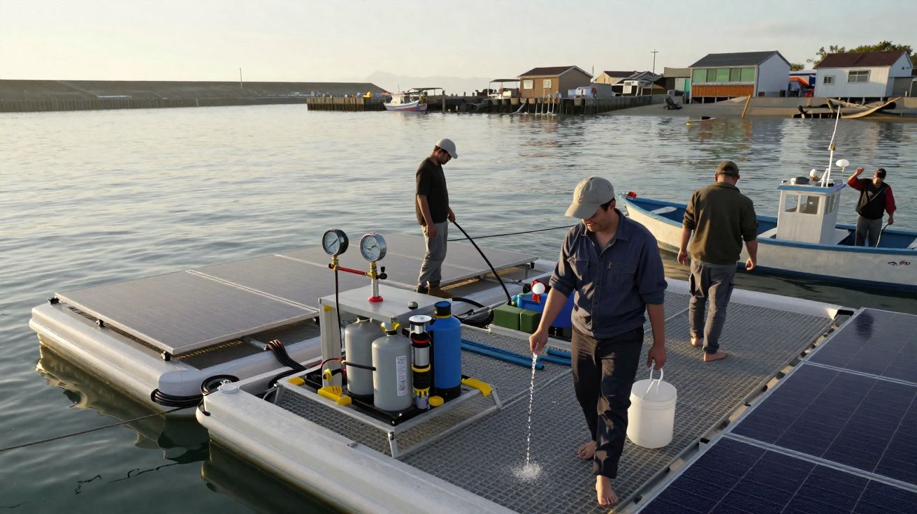 Homens em plataforma flutuante com painéis solares junto ao cais e barcos numa baía calma ao pôr do sol.
