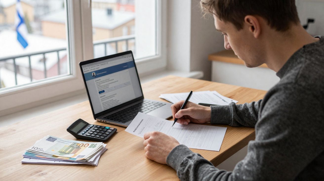 Homem sentado a preencher formulários com laptop, calculadora e dinheiro numa mesa junto a uma janela.