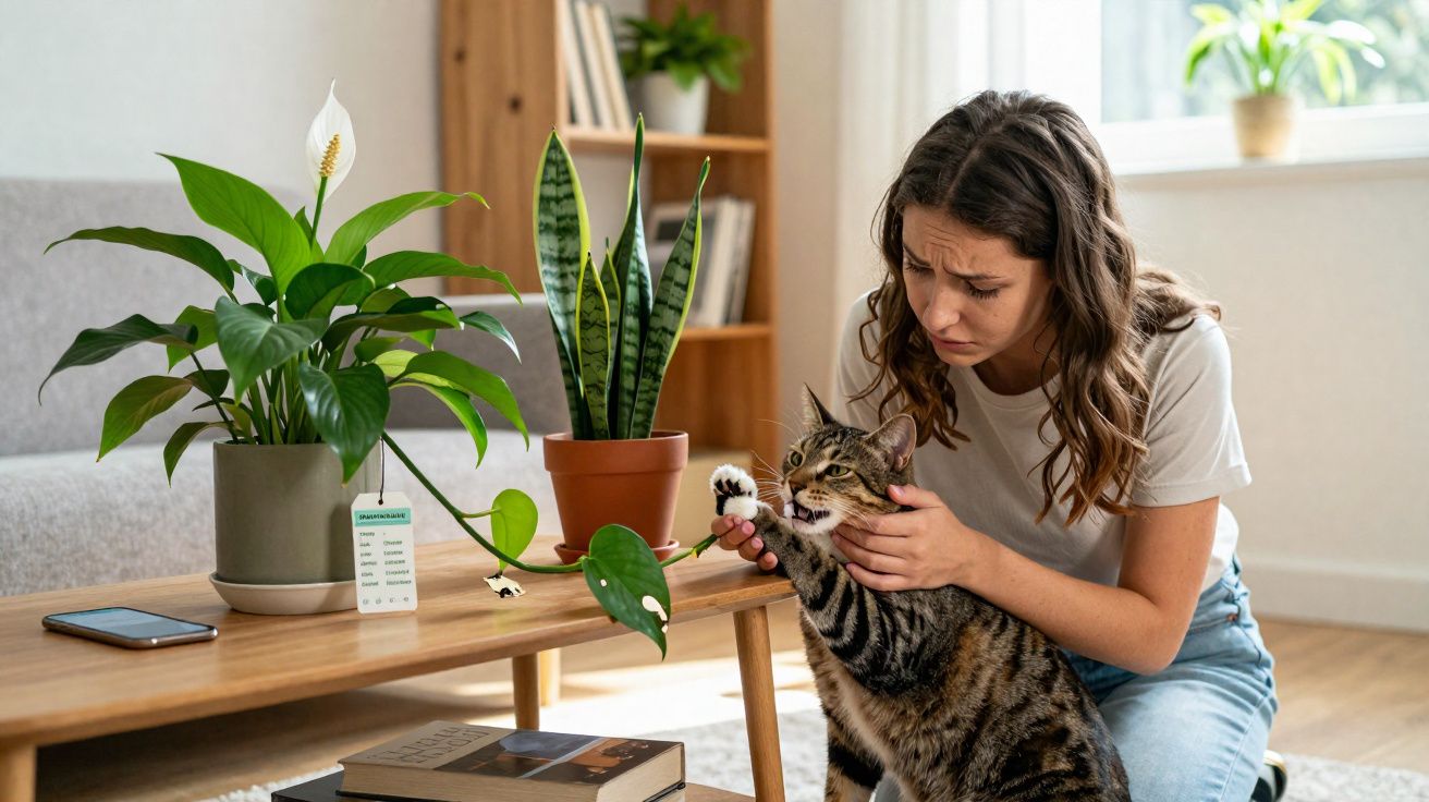 Mulher preocupada segura gato que levanta a pata perto de plantas sobre mesa de madeira.
