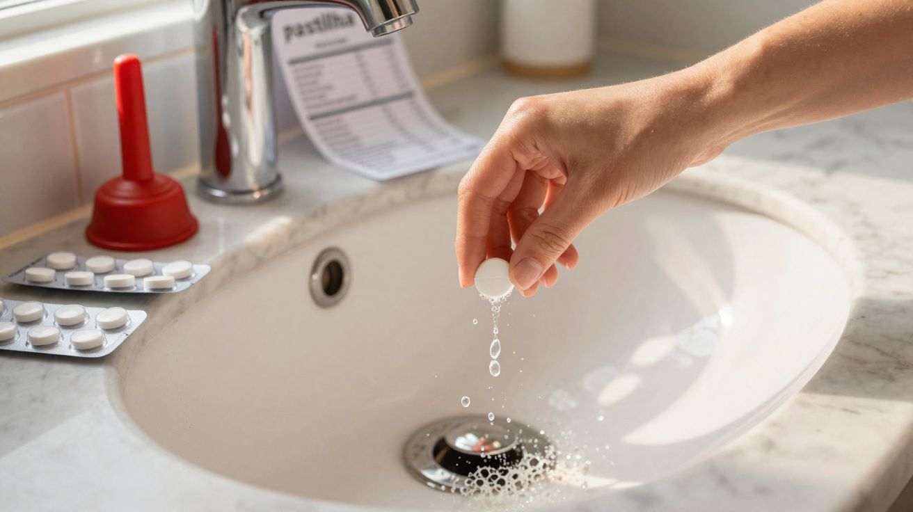Mão segurando pastilha efervescente junto a lavatório com gotas de água a cair e blister de comprimidos.