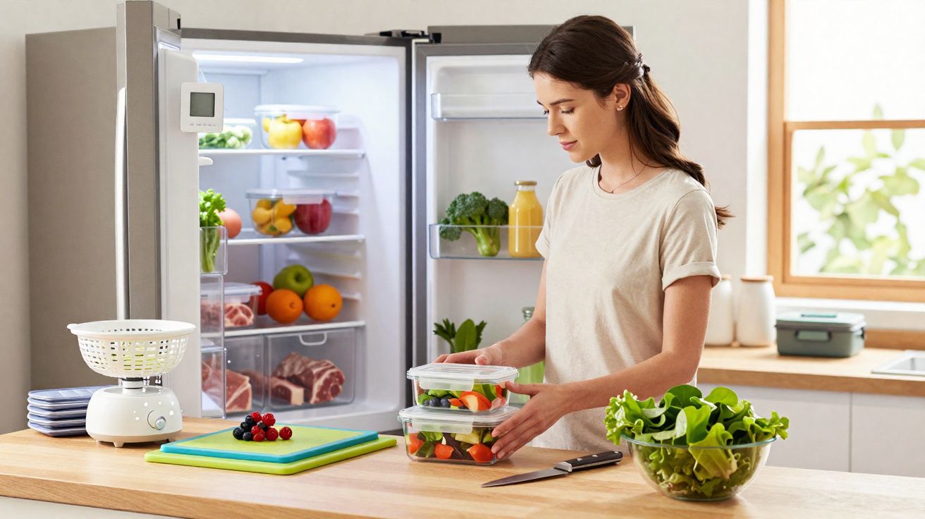 Mulher na cozinha a guardar legumes frescos em recipientes com frigorífico aberto ao fundo.