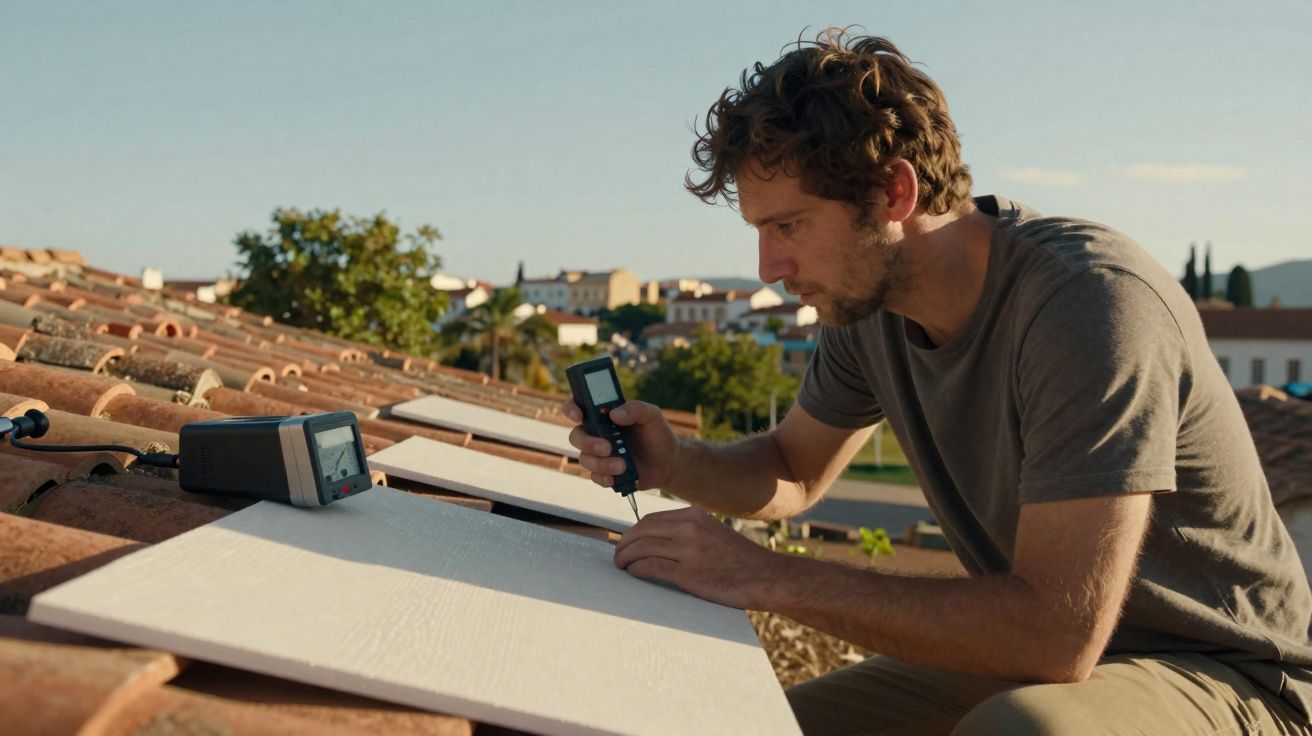 Homem a instalar painéis solares num telhado com ferramentas de medição ao entardecer.