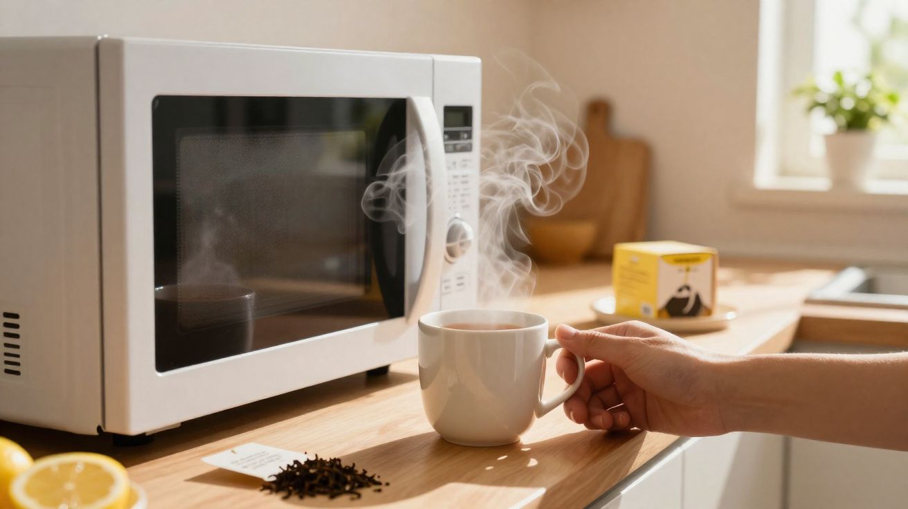 Mão a segurar chá quente com vapor junto a micro-ondas e ingredientes numa bancada de cozinha iluminada.